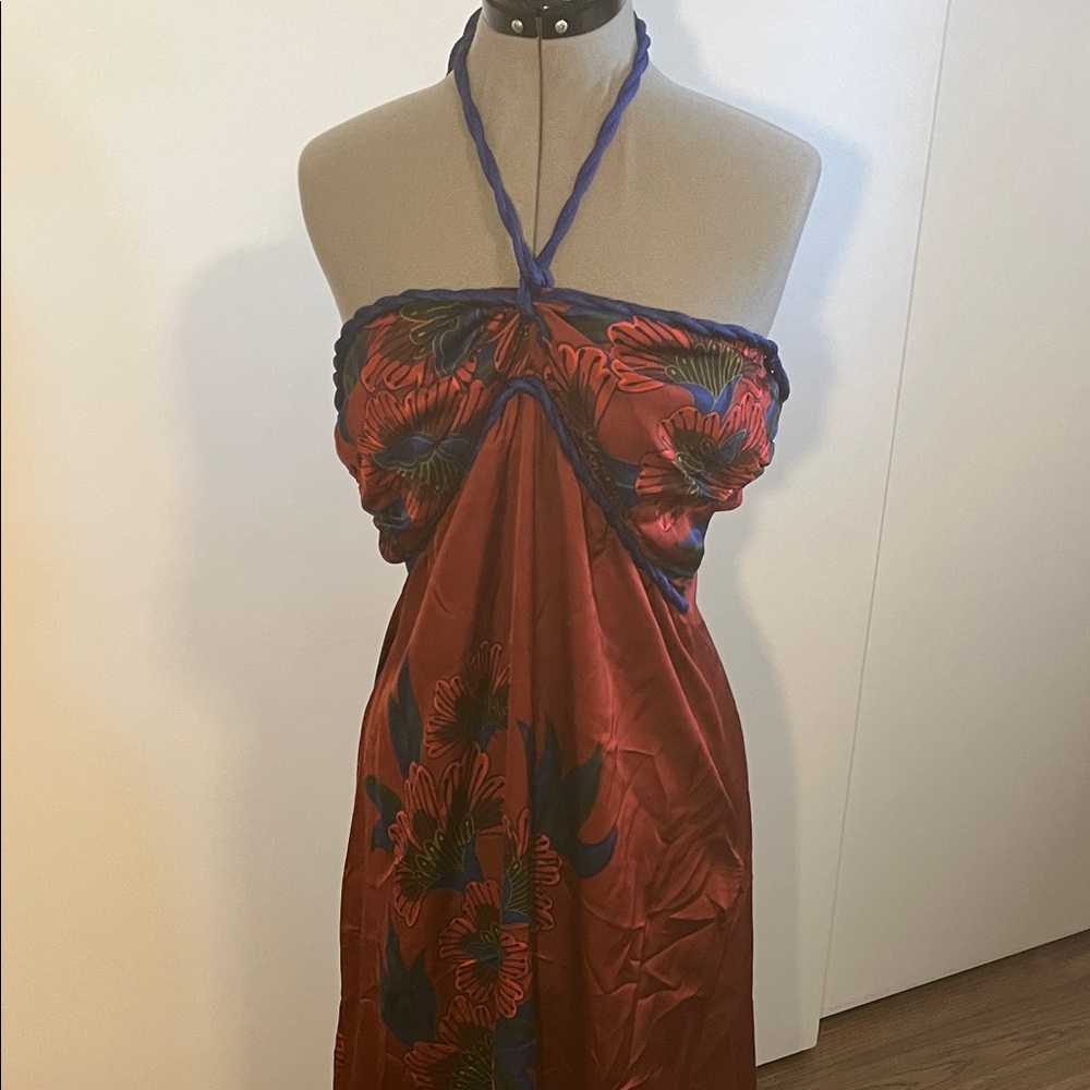 Anthropologie Red and Blue Backless Dress